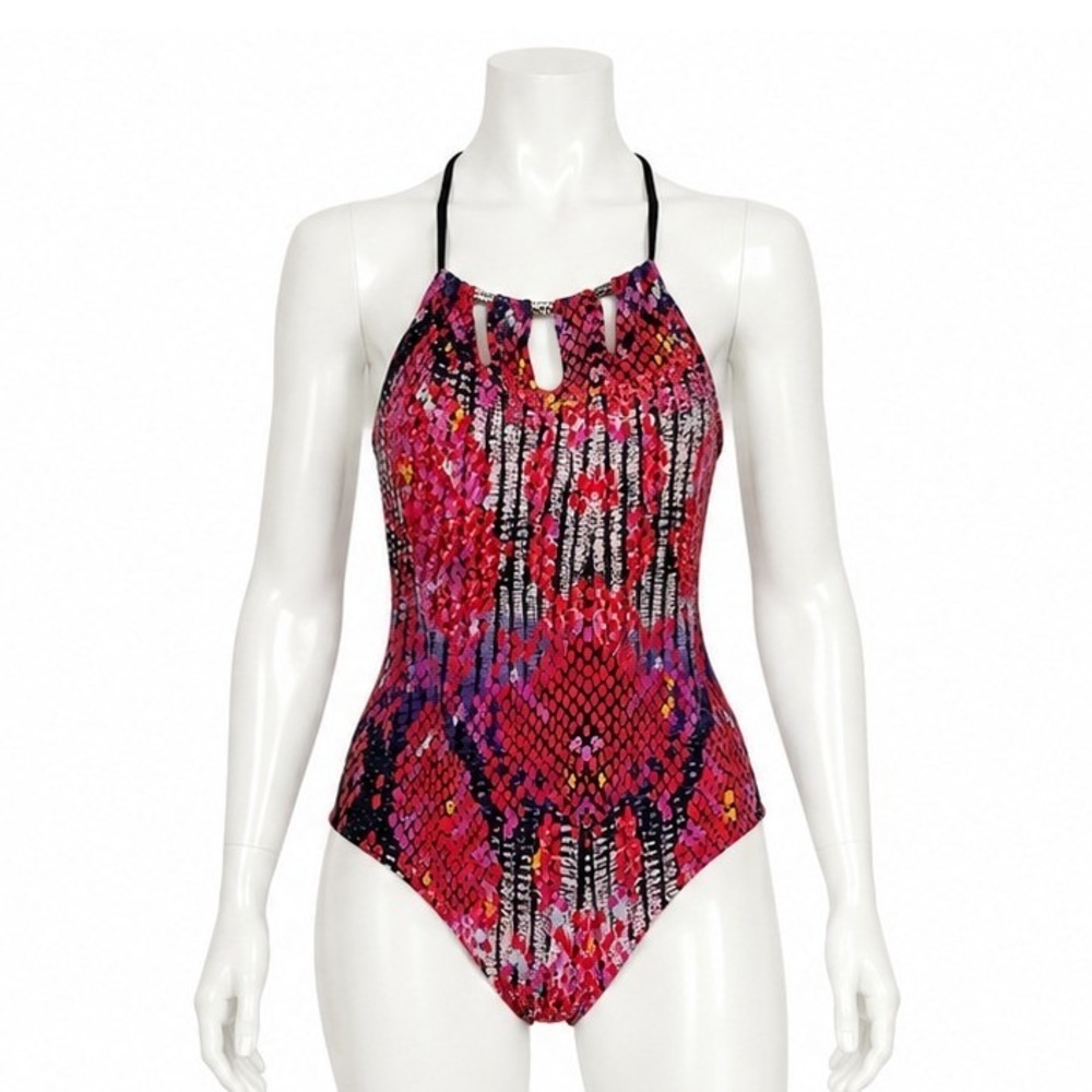 Zingara Halter One Piece Swimsuit Women's 10 Red Snake Print Beach Vacation